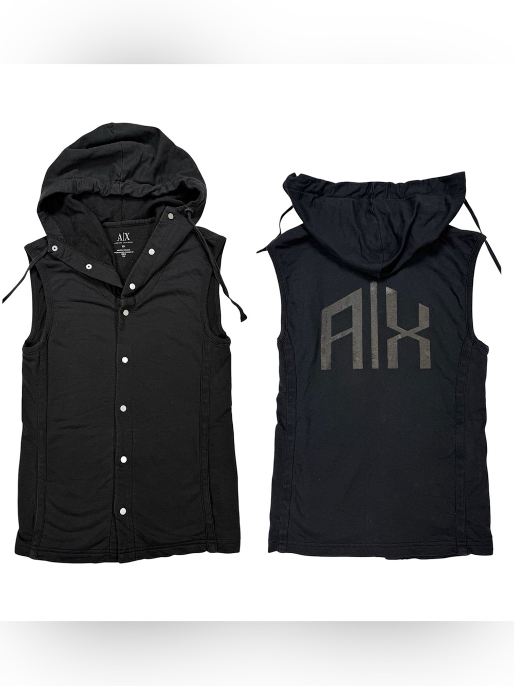Armani Exchange Black Hooded Sleeveless Snap Vest Sz XS French Terry Y2K